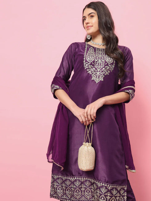Purple Silk Blend Pant Suit 190975 Closure View